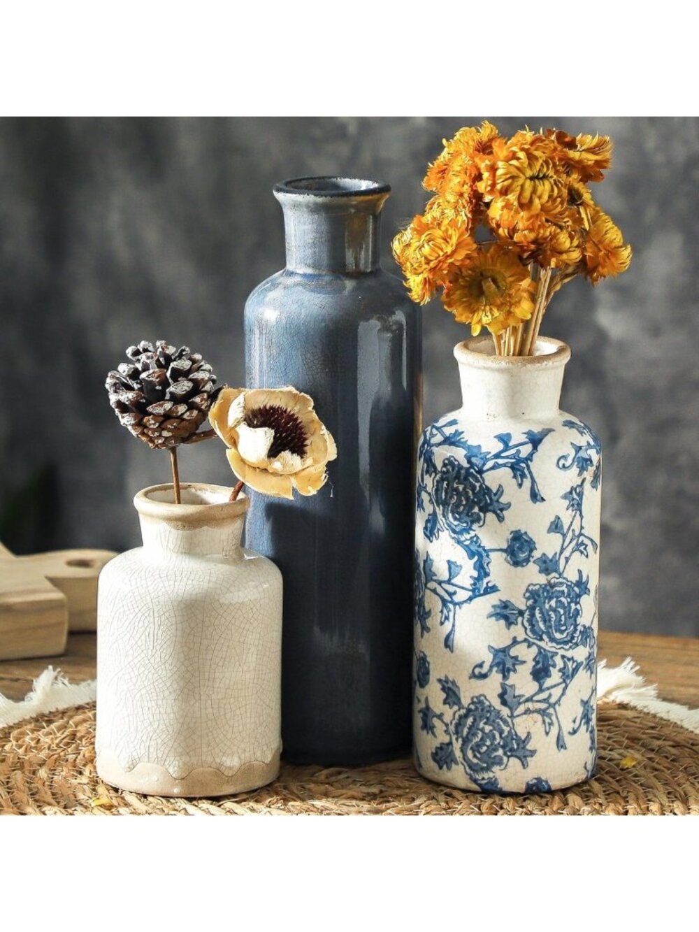 Set of 3 Vintage Ceramic Blue & White Flower Vases - Chinoiserie Rustic Decor